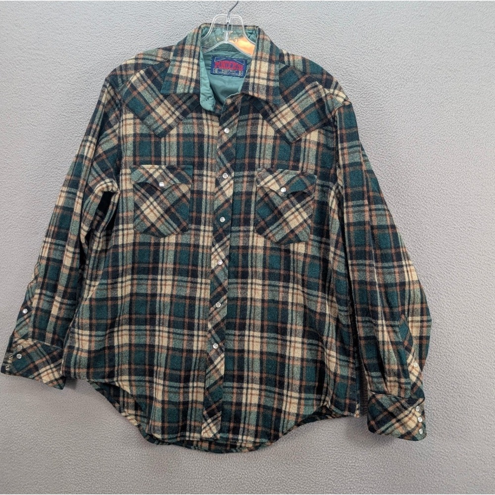 VTG Ponderosa Wool Western Flannel Plaid Shirt Men's L Green Camp Button Up 80s